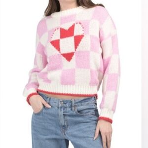NWT Luna Ivy Chunky Crochet Pink and White Checkered Heart Valentine Sweater M